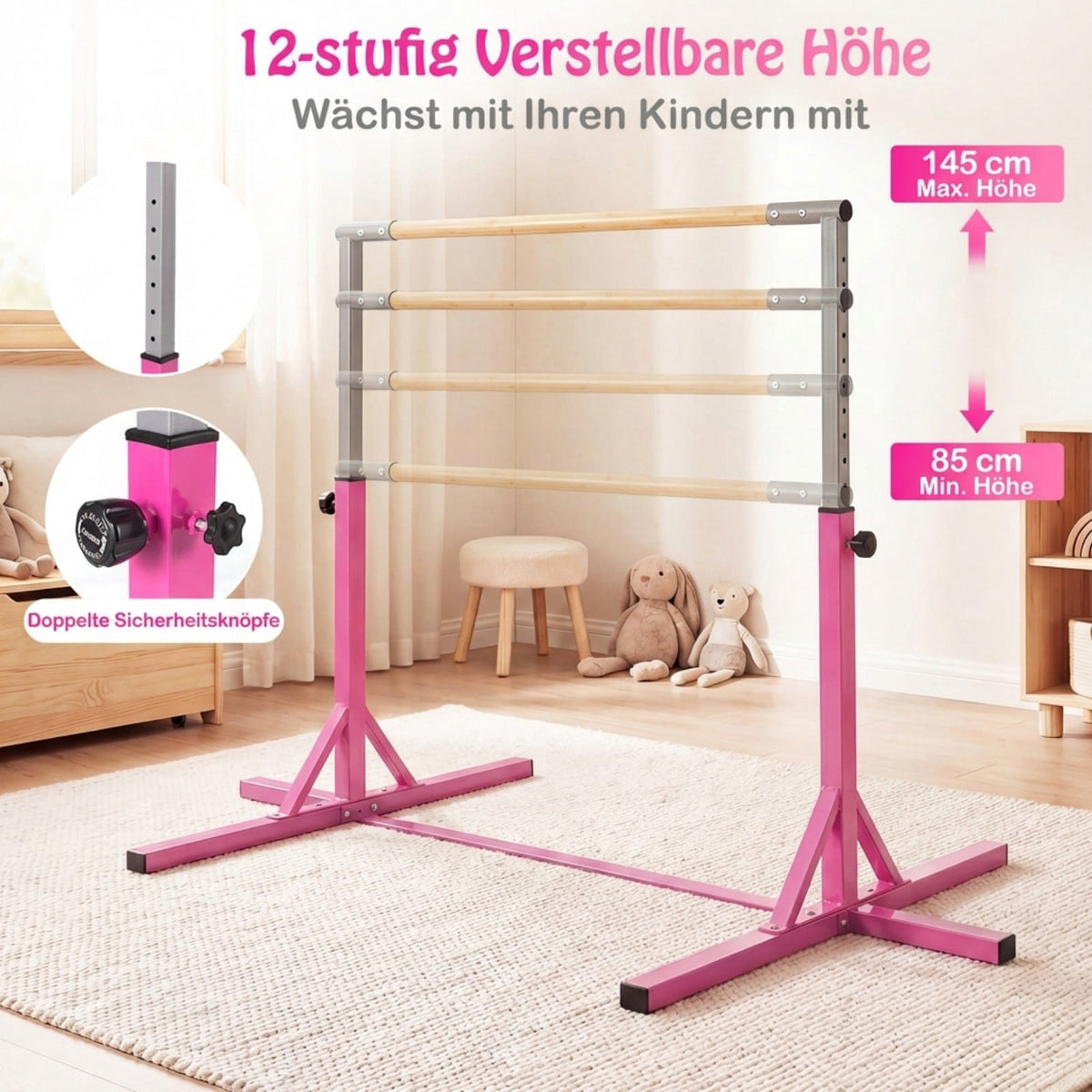 Adjustable Gymnastics Bar for Kids, 85-145 cm, Pink