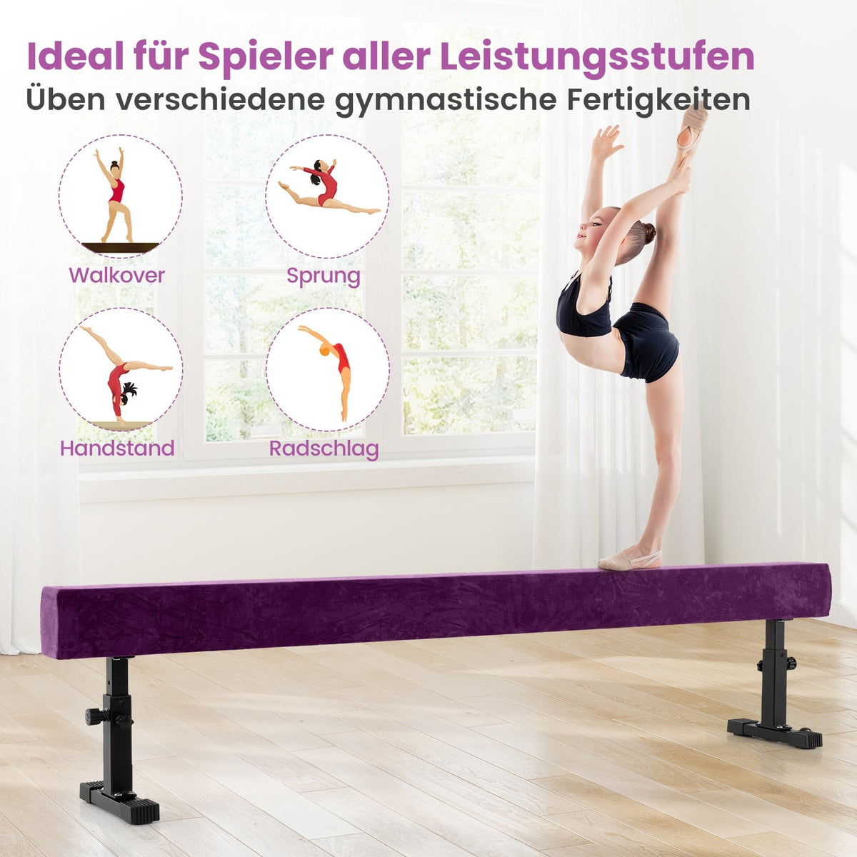 Adjustable Gymnastics Beam, 226 cm, 3 Heights, Purple