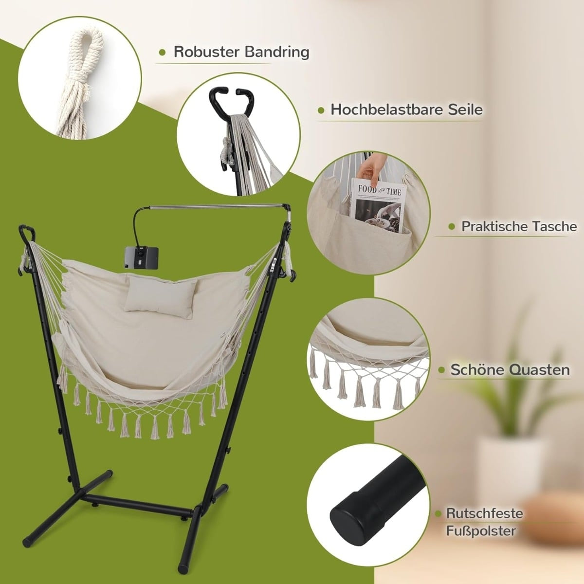 Adjustable Hanging Chair with Stand, Beige, 250kg Capacity