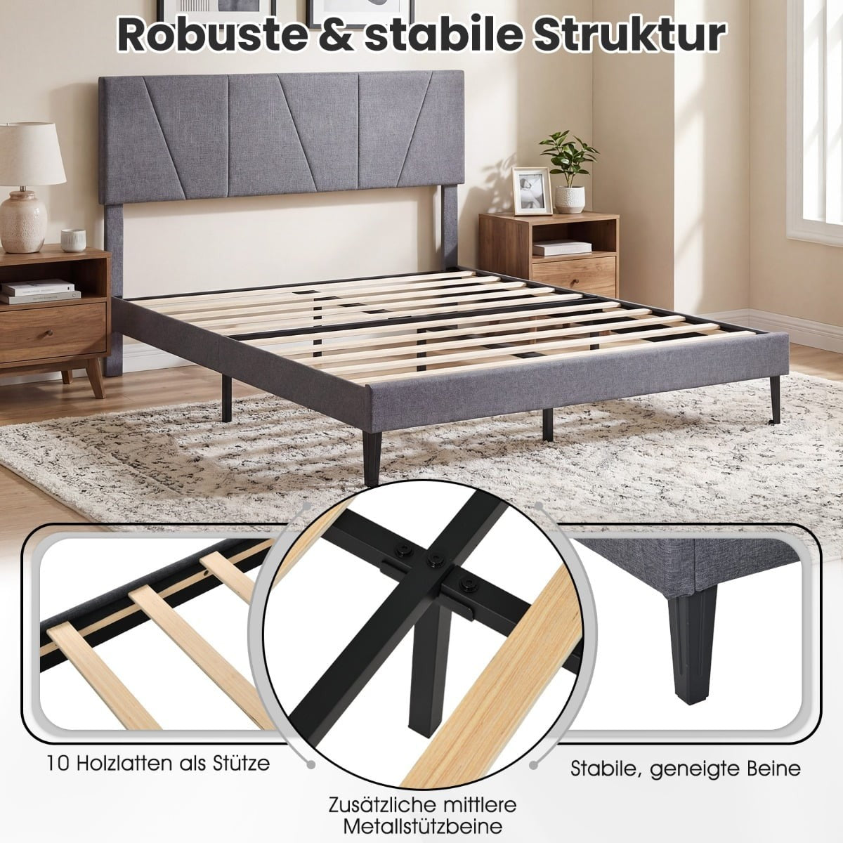 Adjustable Headboard Double Bed Frame, 160x200 cm, Dark Grey