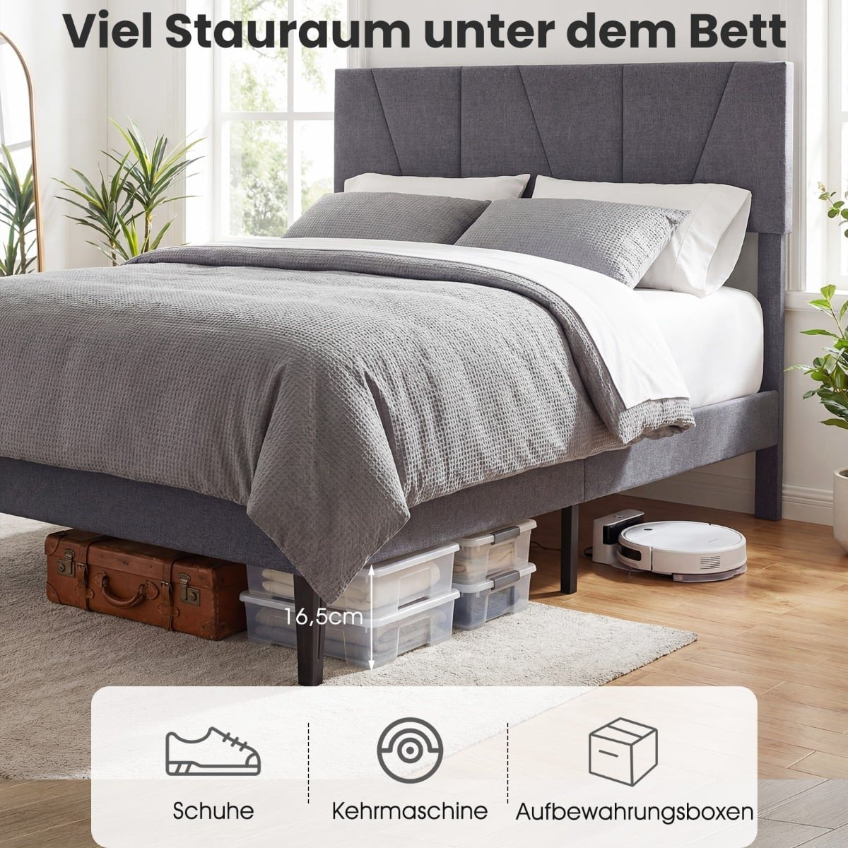 Adjustable Headboard Double Bed Frame, 160x200 cm, Dark Grey