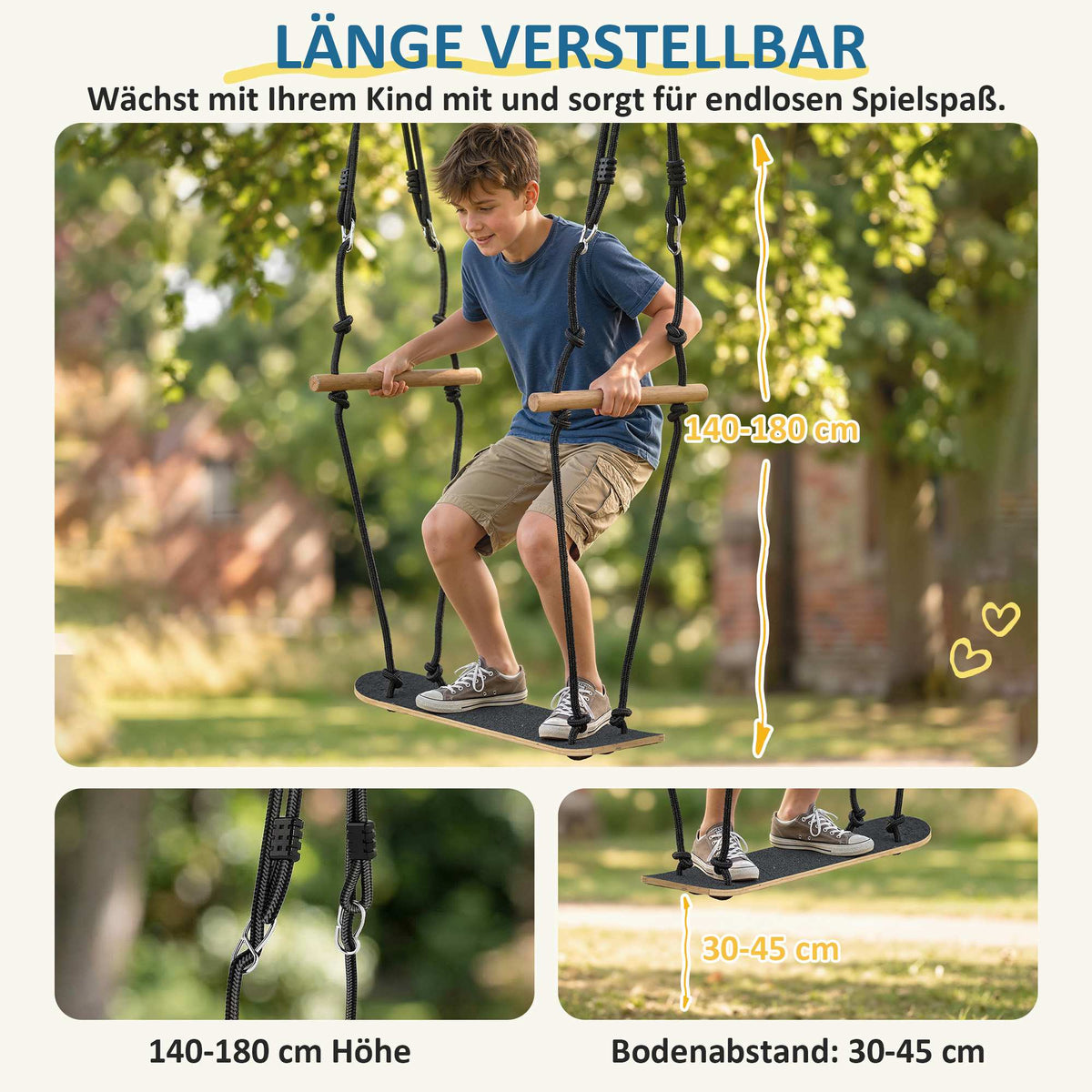 Adjustable Height Kids Skateboard Swing with Non-Slip Board