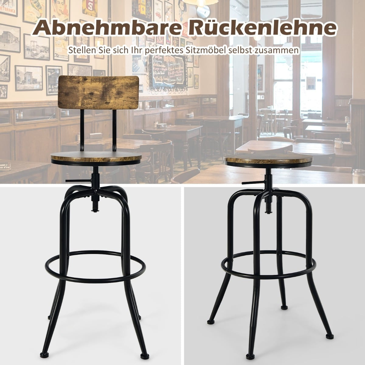 Adjustable Industrial Bar Stools, Swivel, Set of 2, Brown