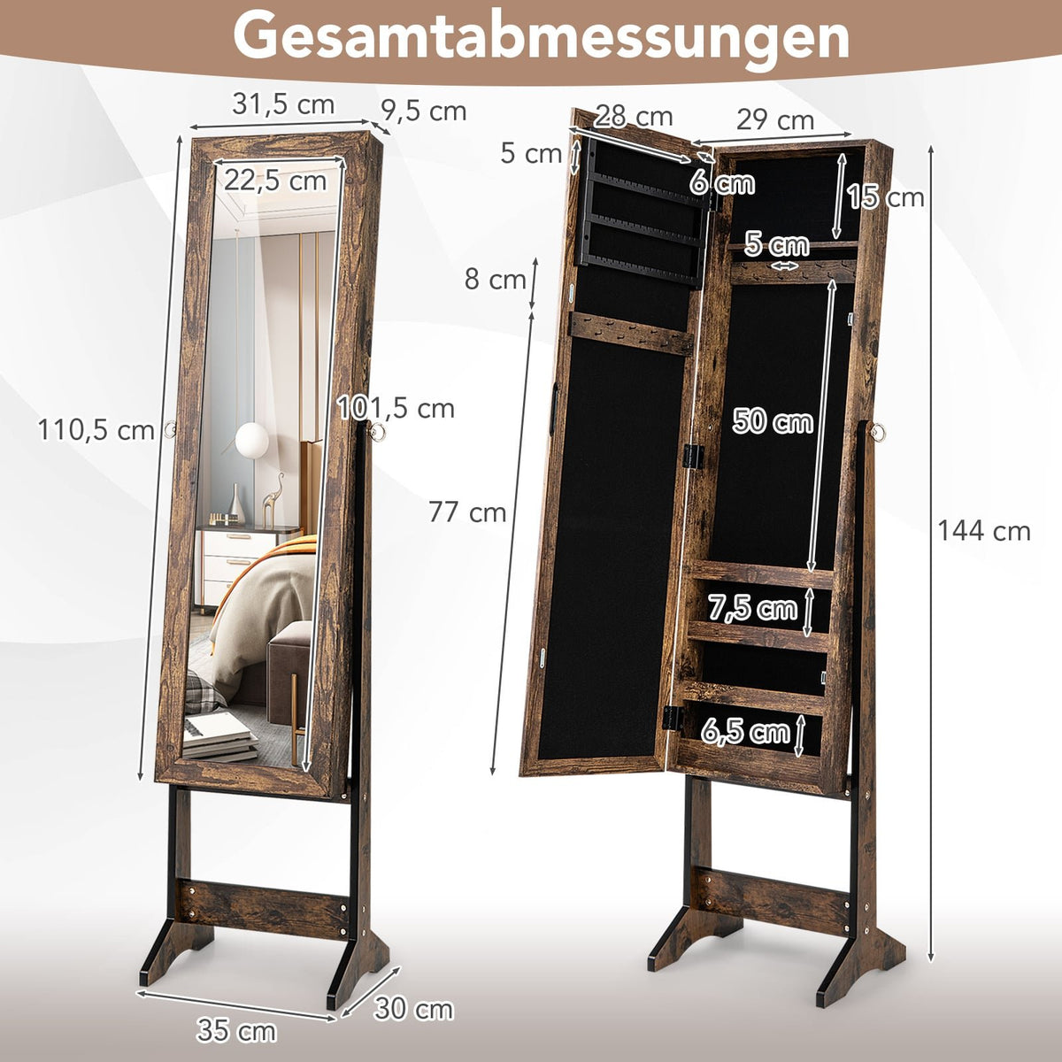 Adjustable Jewelry Cabinet with Full-Length Mirror, Brown