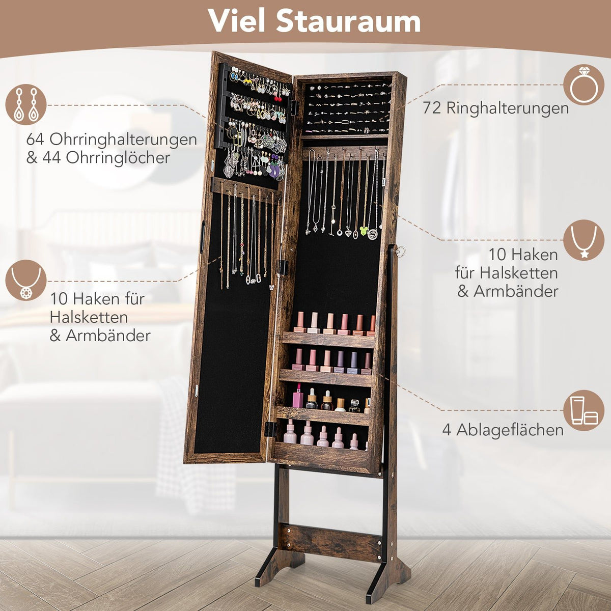 Adjustable Jewelry Cabinet with Full-Length Mirror, Brown