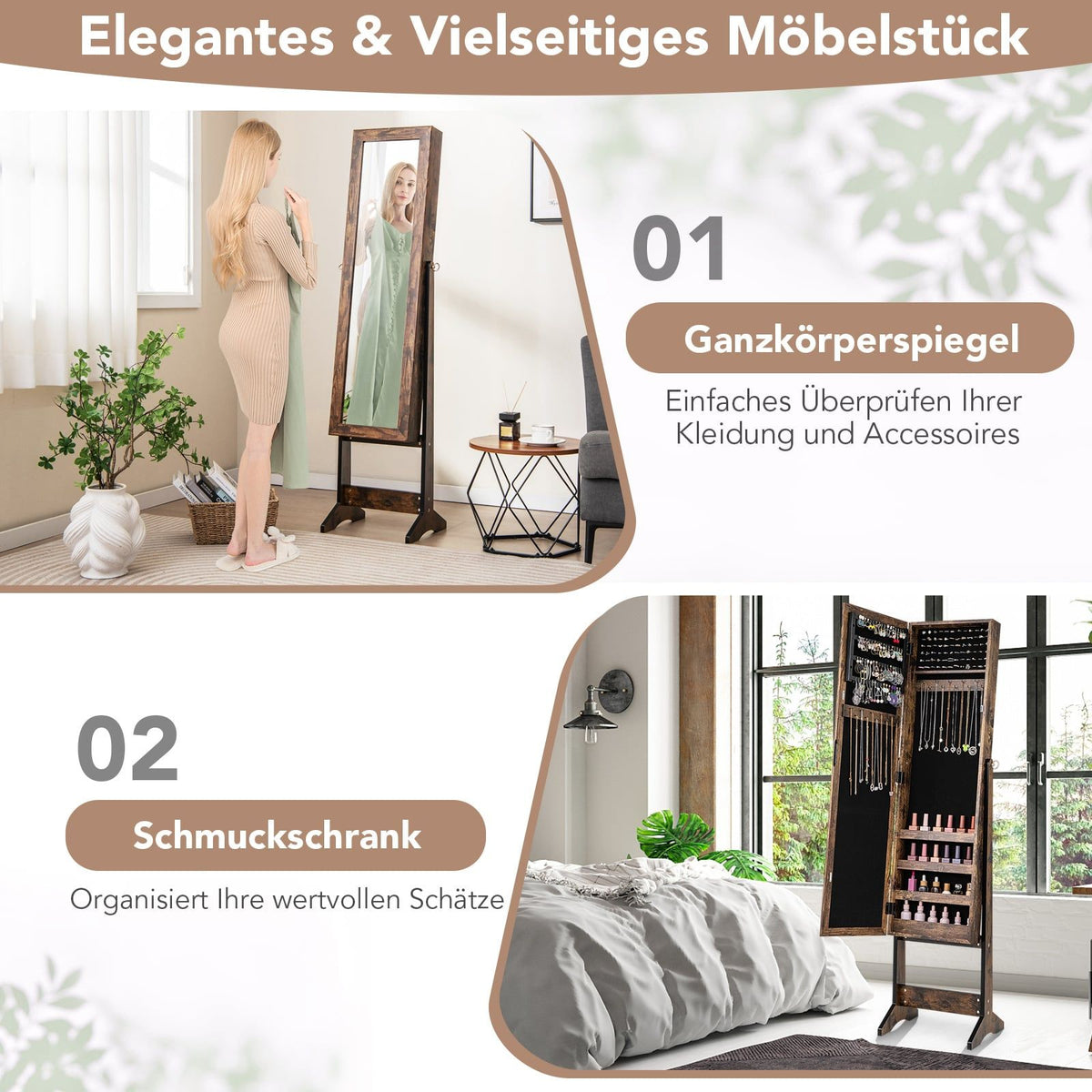 Adjustable Jewelry Cabinet with Full-Length Mirror, Brown
