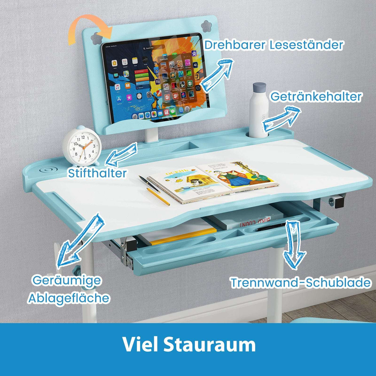 Adjustable Kids Desk and Chair Set with Tilt Top, Blue