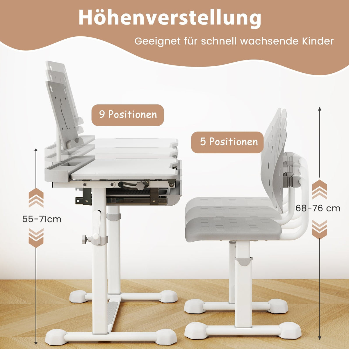 Adjustable Kids Desk and Chair Set with Tilt Top, Grey