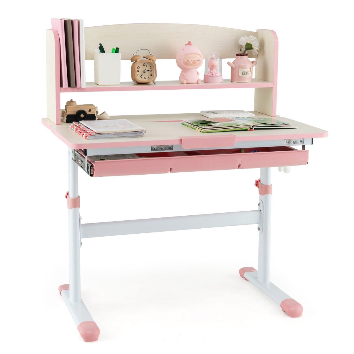 Adjustable Kids Desk with Tilt Top, Drawer & Shelf – Pink