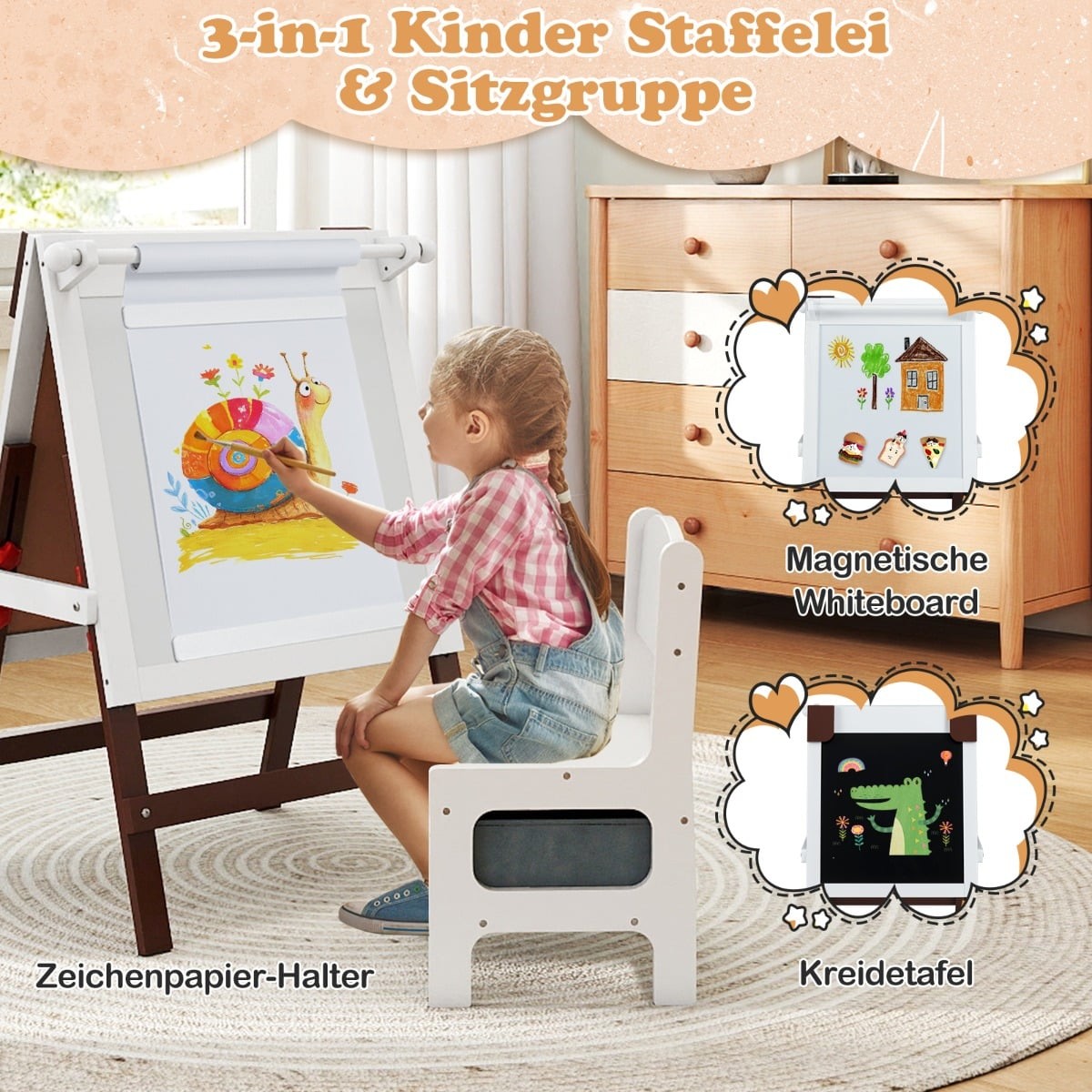 Adjustable Kids Easel & Chair Set with Chalkboard & Whiteboard