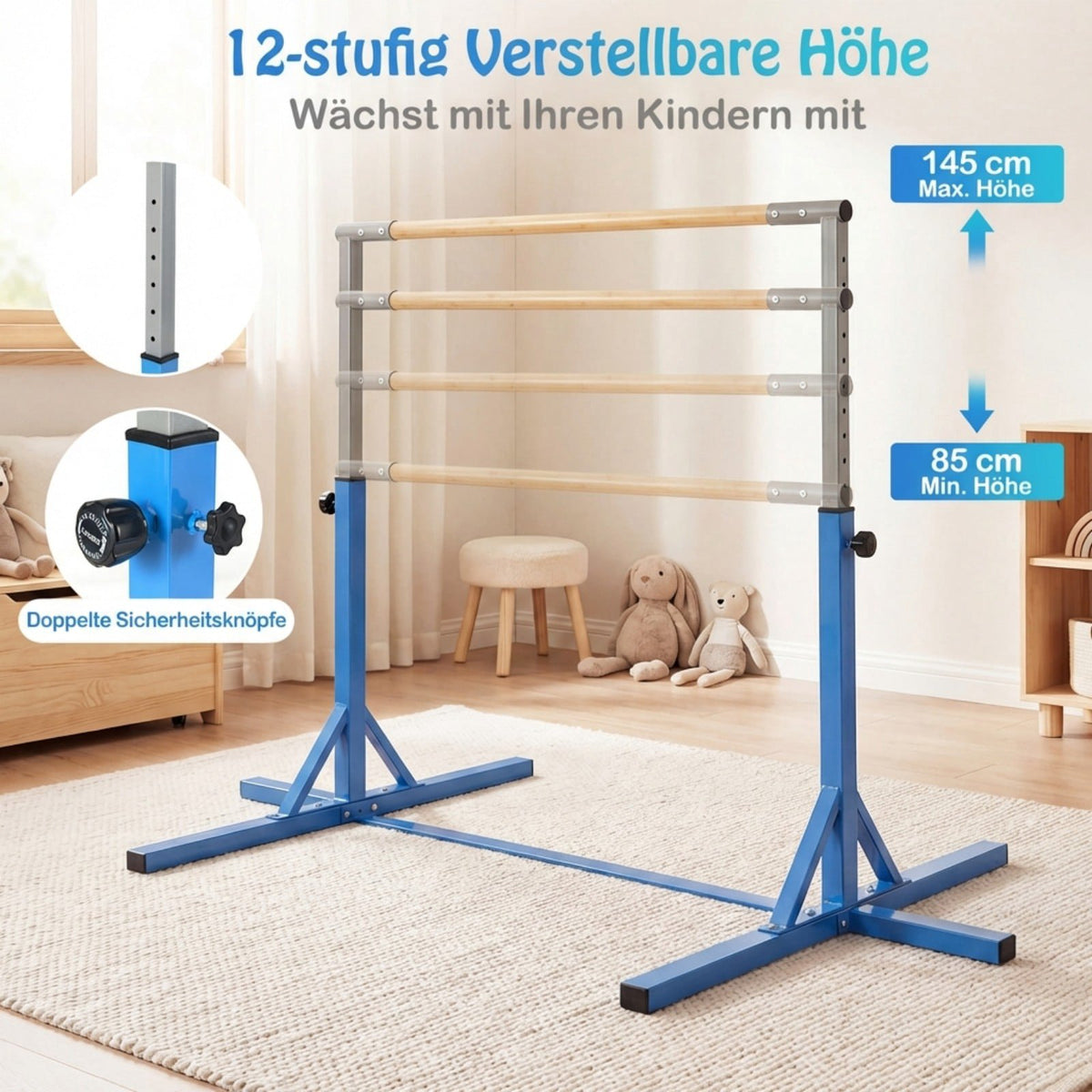 Adjustable Kids Gymnastics Bar, 85-145 cm, 65 kg Capacity