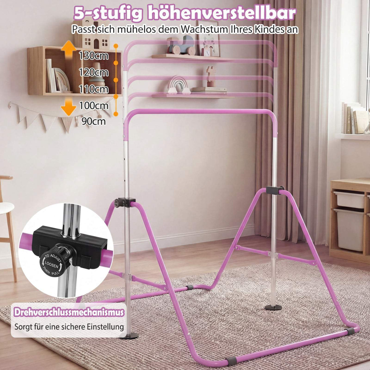Adjustable Kids Gymnastics Bar, Foldable, 90-130 cm, Purple