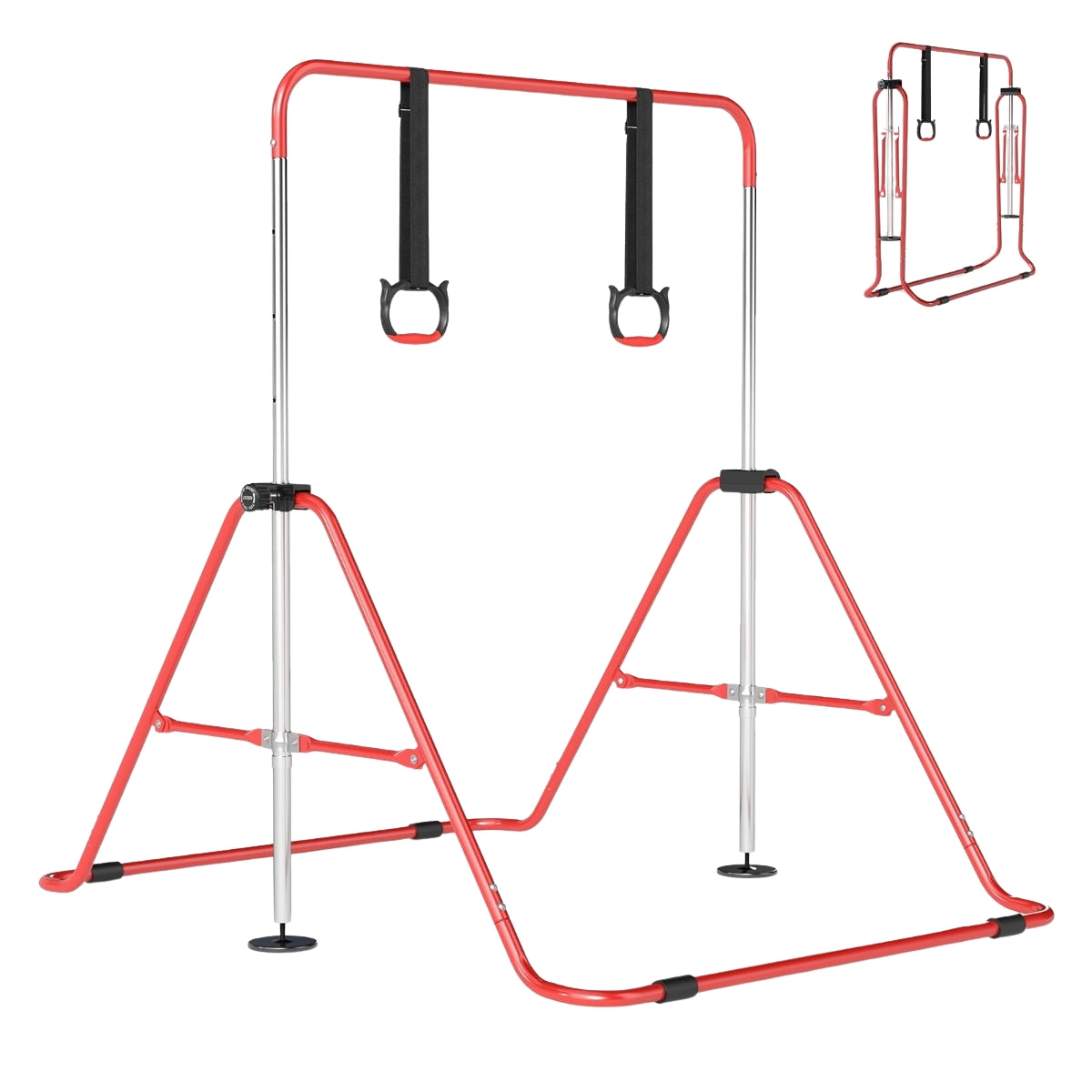 Adjustable Kids Gymnastics Bar with Rings, Foldable, Red