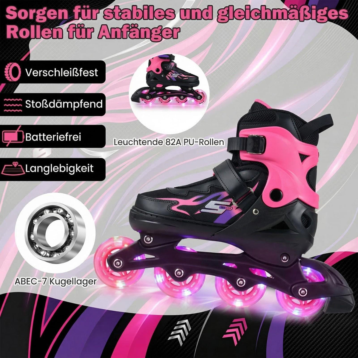 Adjustable Kids Inline Skates with Light-Up Wheels, Pink, EU 30-33