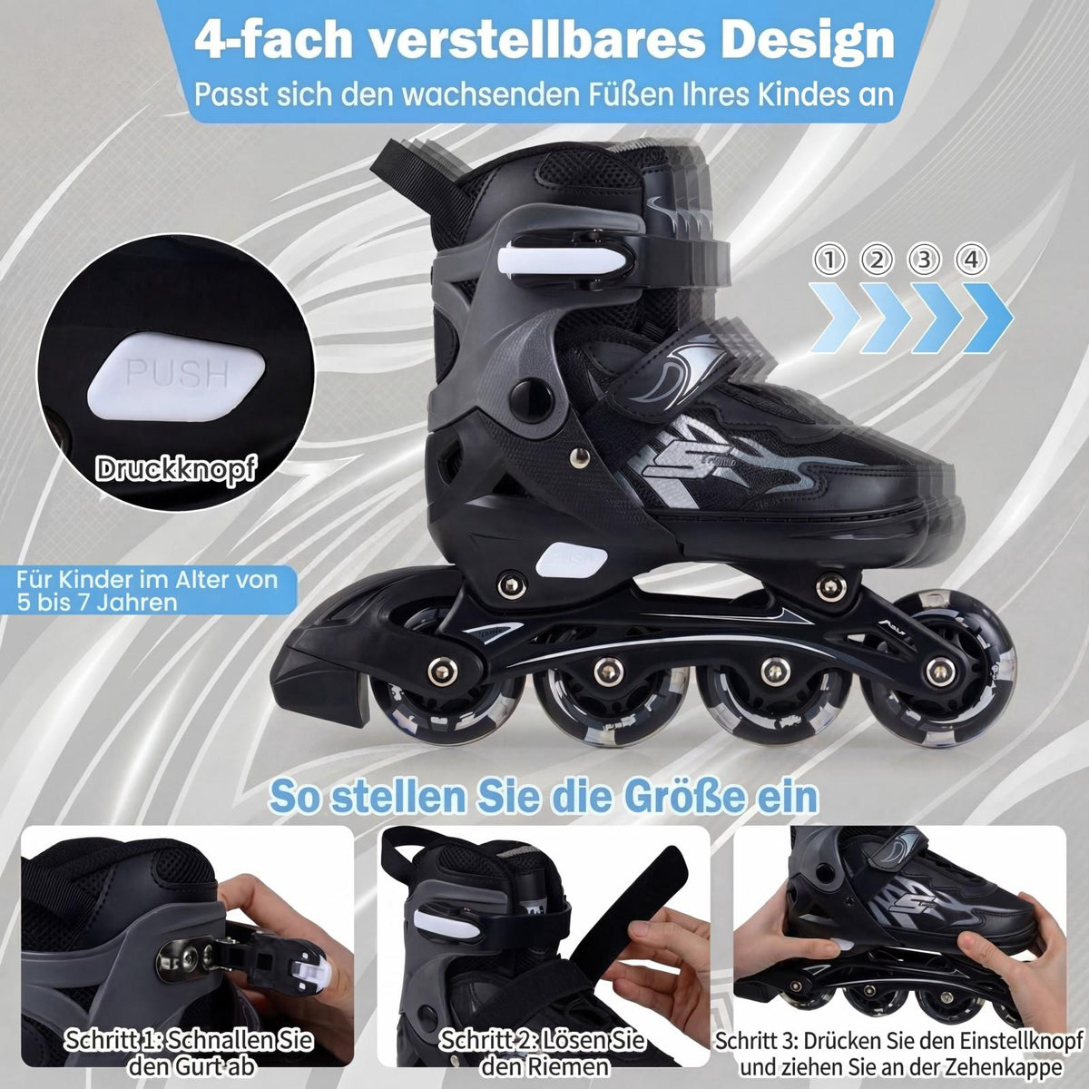 Adjustable Kids Inline Skates with Light-Up Wheels, Size 30-33