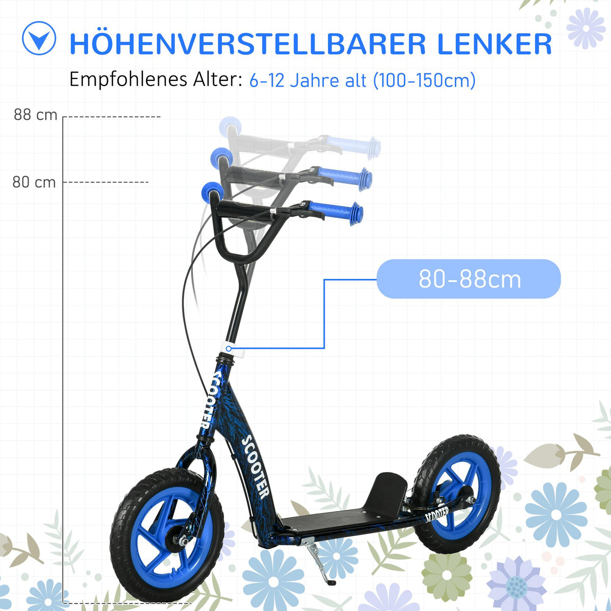 Adjustable Kids Scooter with Brake, Stand, Steel, Blue