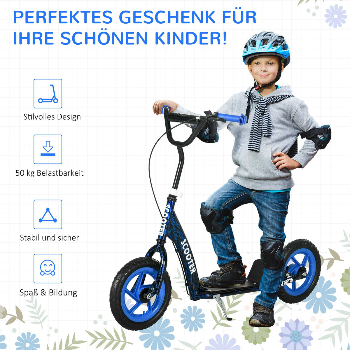 Adjustable Kids Scooter with Brake, Stand, Steel, Blue
