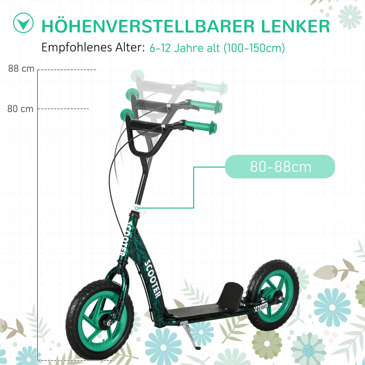 Adjustable Kids Scooter with Brake, Stand, Steel, Green