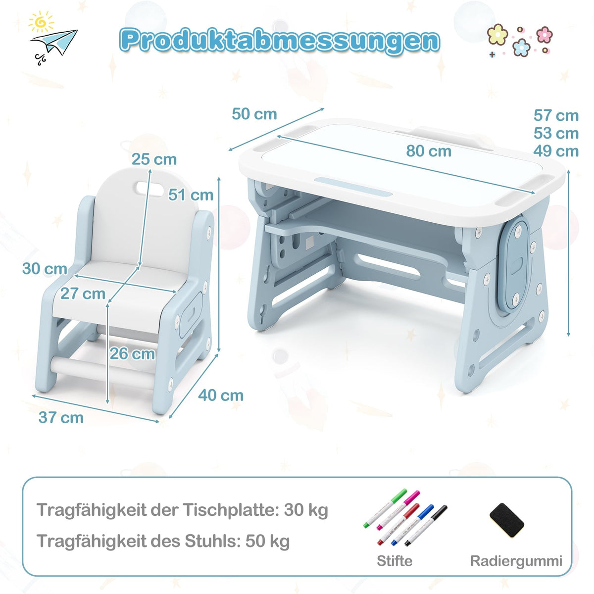 Adjustable Kids Table & Chair Set with Tilt Whiteboard