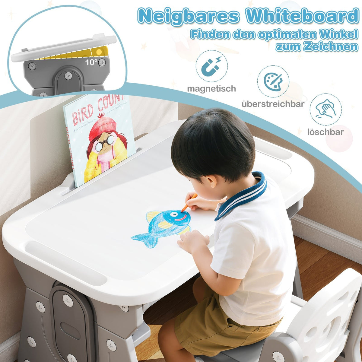 Adjustable Kids Table and Chair Set with Tilt Whiteboard