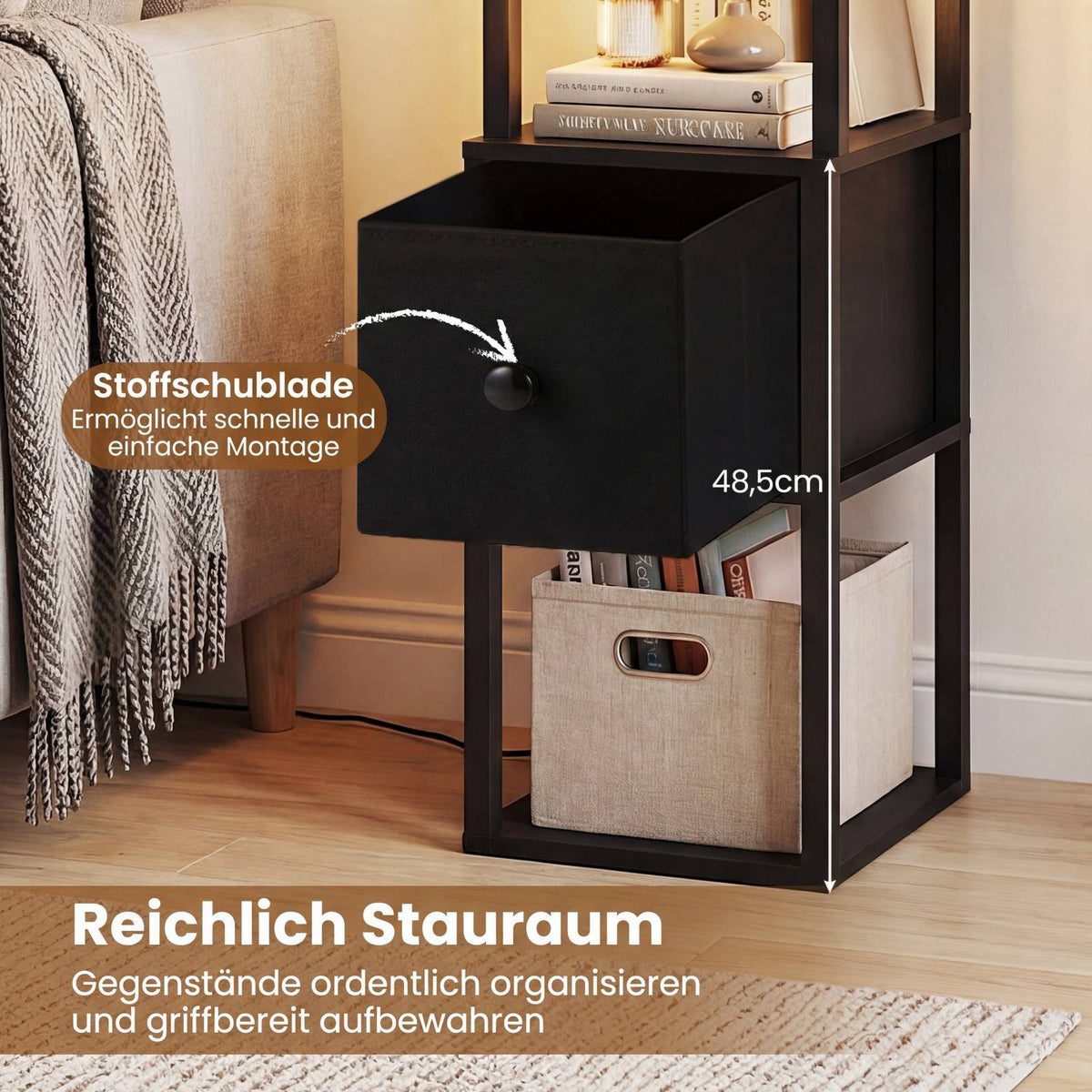 Adjustable LED Floor Lamp with Shelves and Table, Black