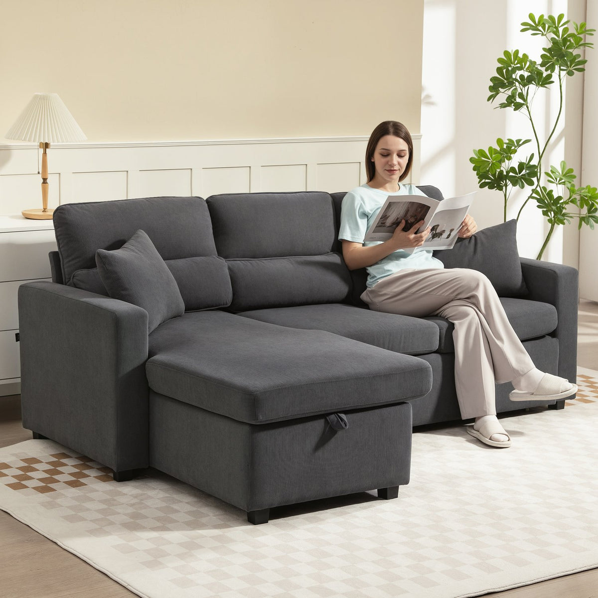 Adjustable L-Shaped Sofa Bed with Storage, Dark Gray