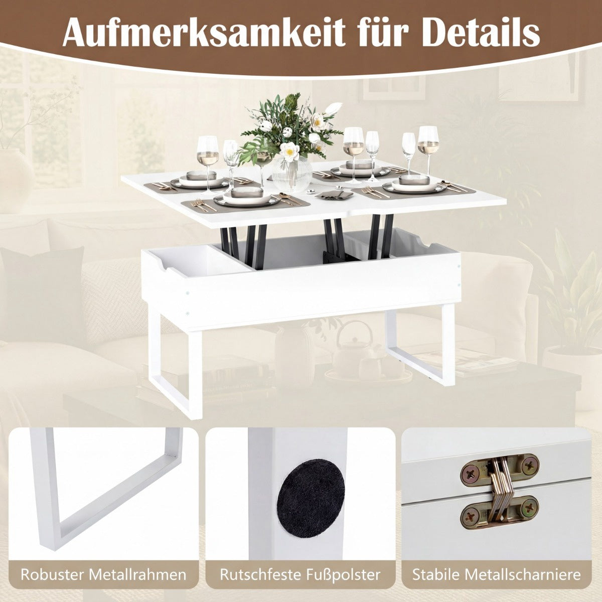 Adjustable Lift-Top Coffee Table with Hidden Storage, White