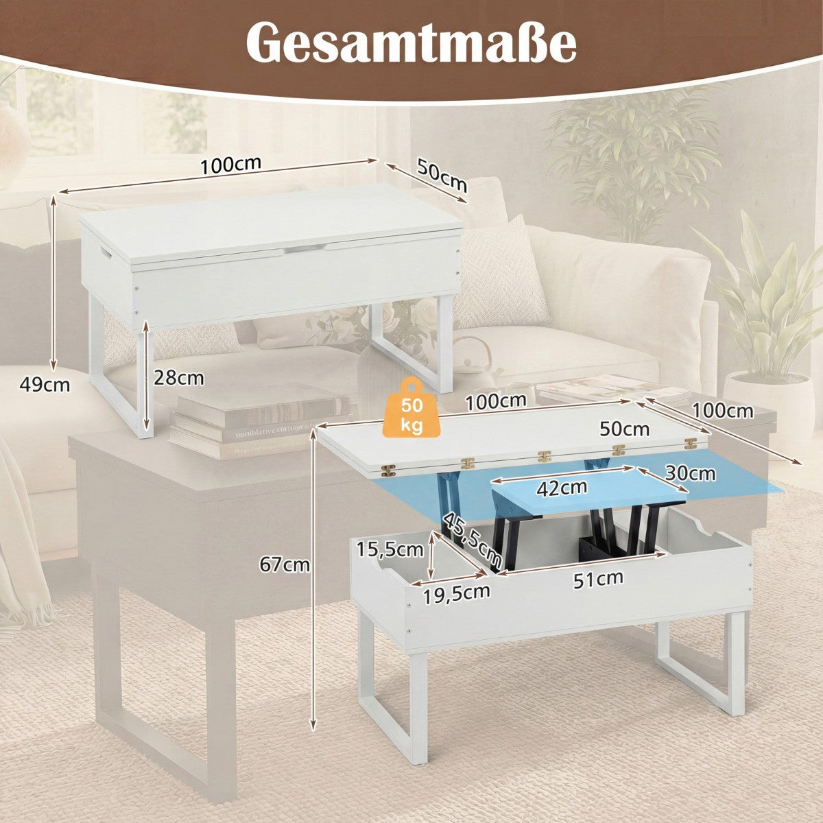 Adjustable Lift-Top Coffee Table with Hidden Storage, White