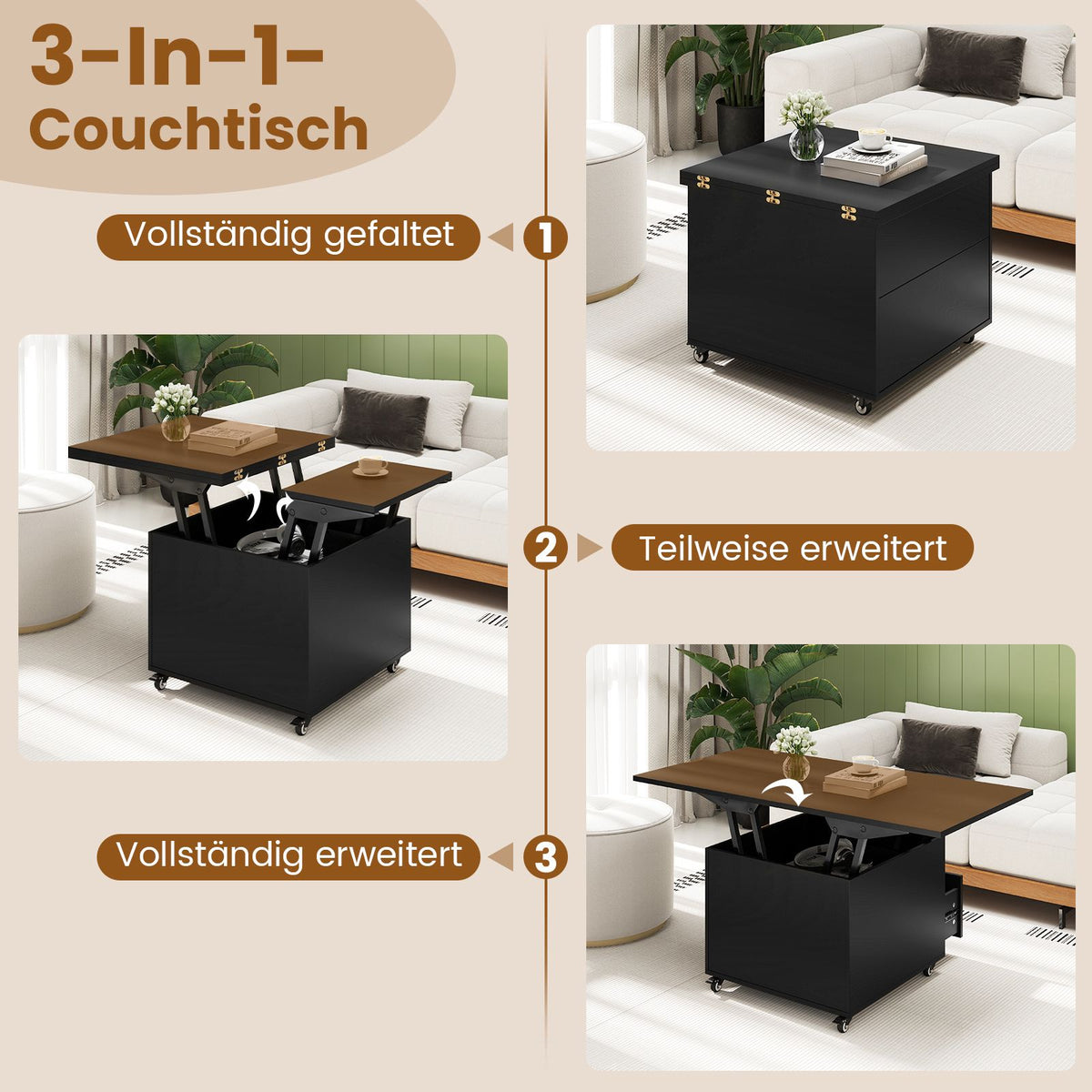 Adjustable Lift-Top Coffee Table with Storage, Black