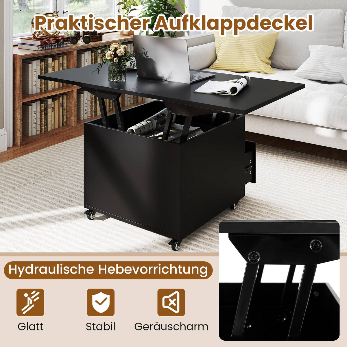 Adjustable Lift-Top Coffee Table with Storage, Black
