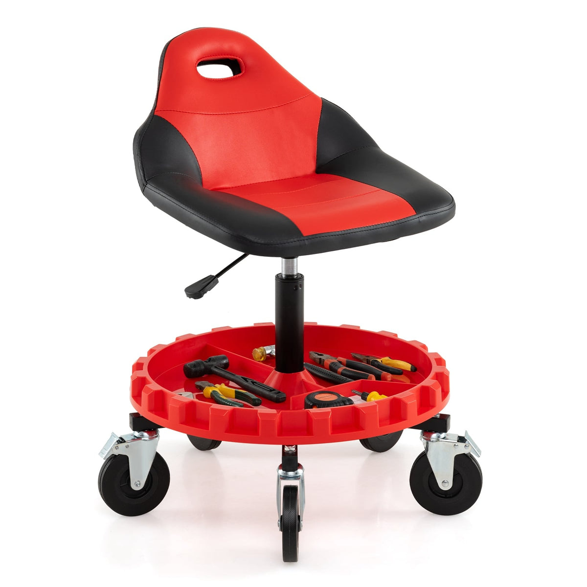 Adjustable Mechanic Stool with Wheels and Tool Tray, Red