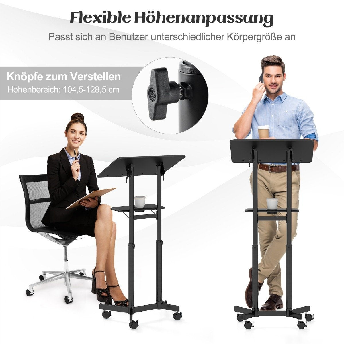 Adjustable Mobile Podium with Tilt Tabletop, Black