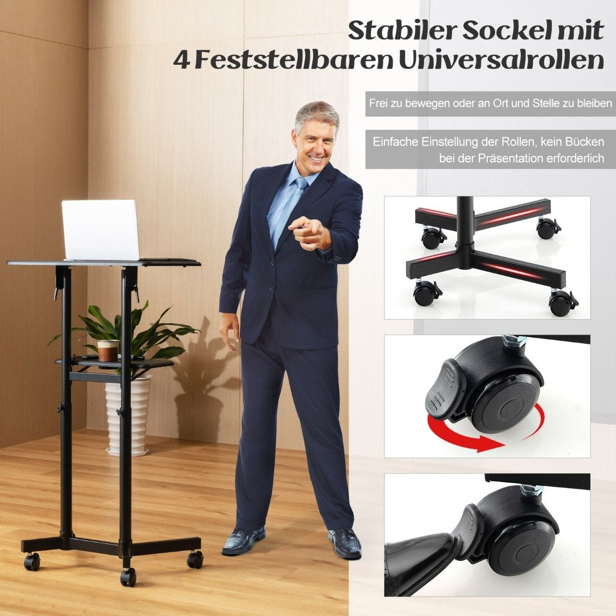 Adjustable Mobile Podium with Tilt Tabletop, Black