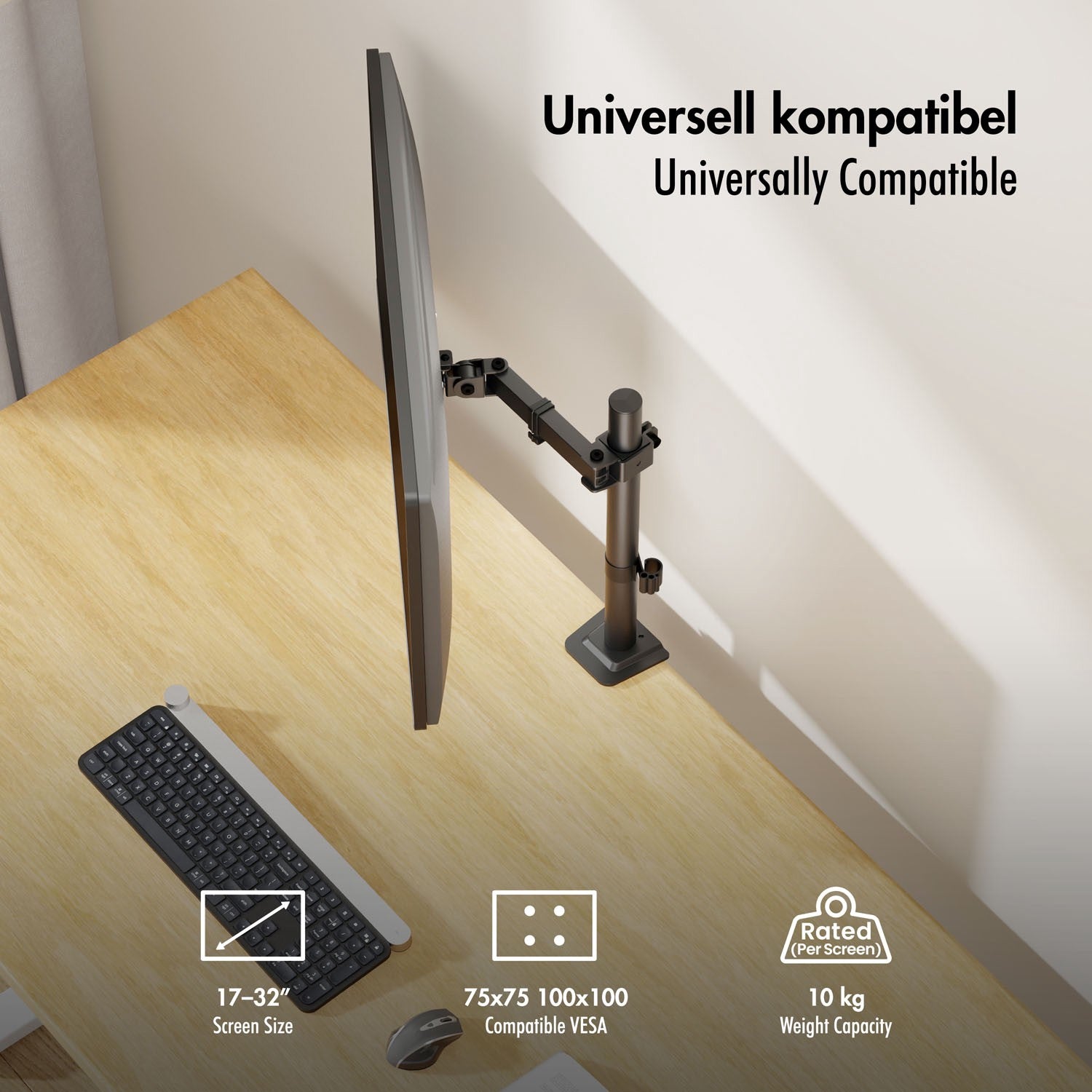 Adjustable Monitor Arm for 17–32" Screens, Black