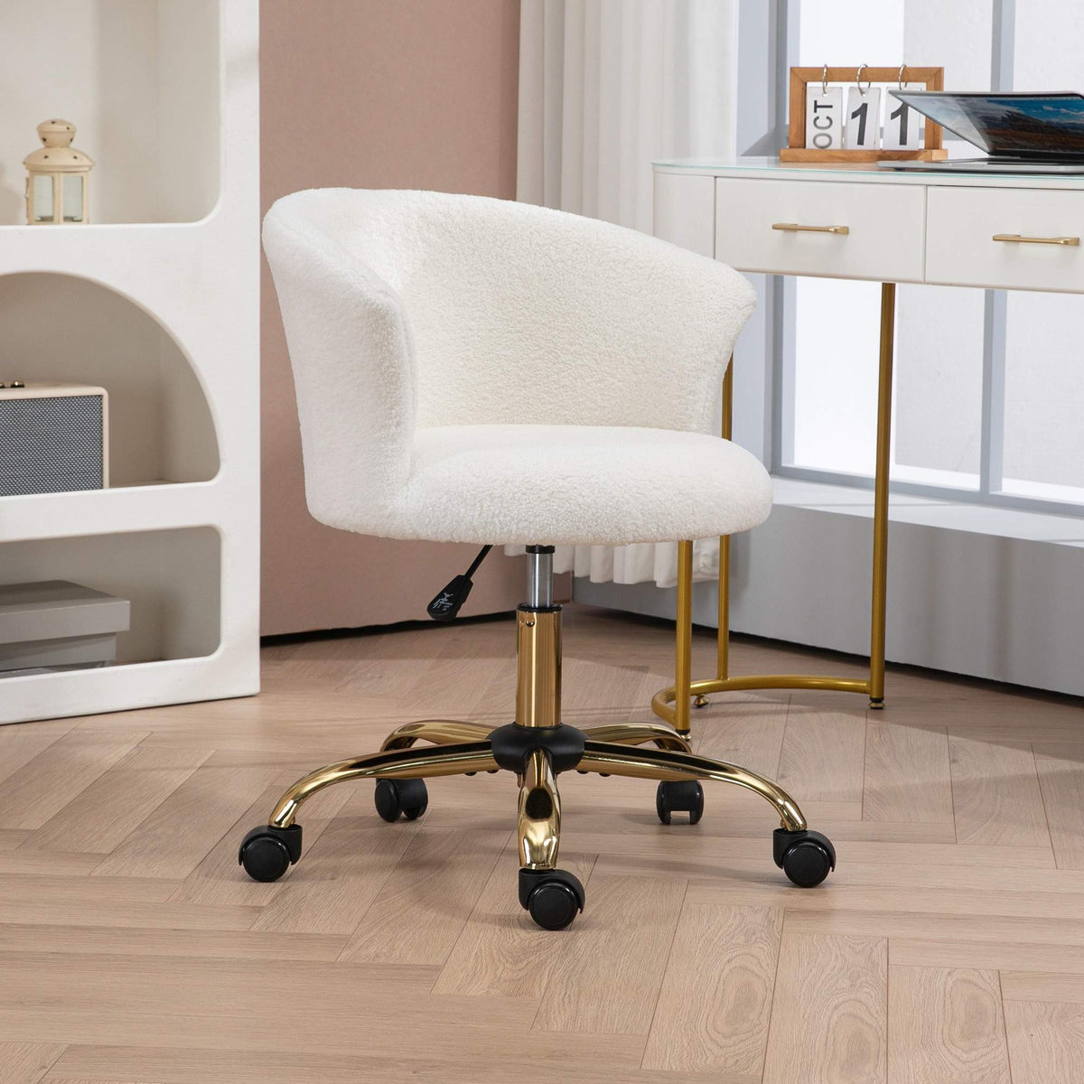 Adjustable Office Chair, Teddy Fleece, 58x56x68-76 cm, White