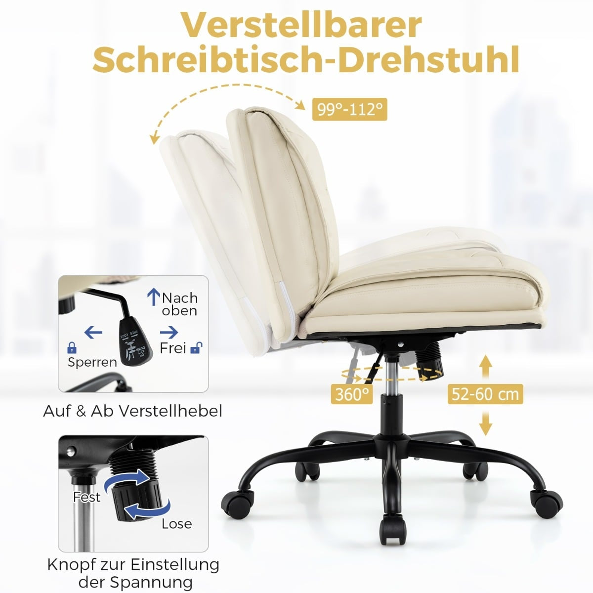Adjustable Office Chair with Wheels, Wide Seat, Beige