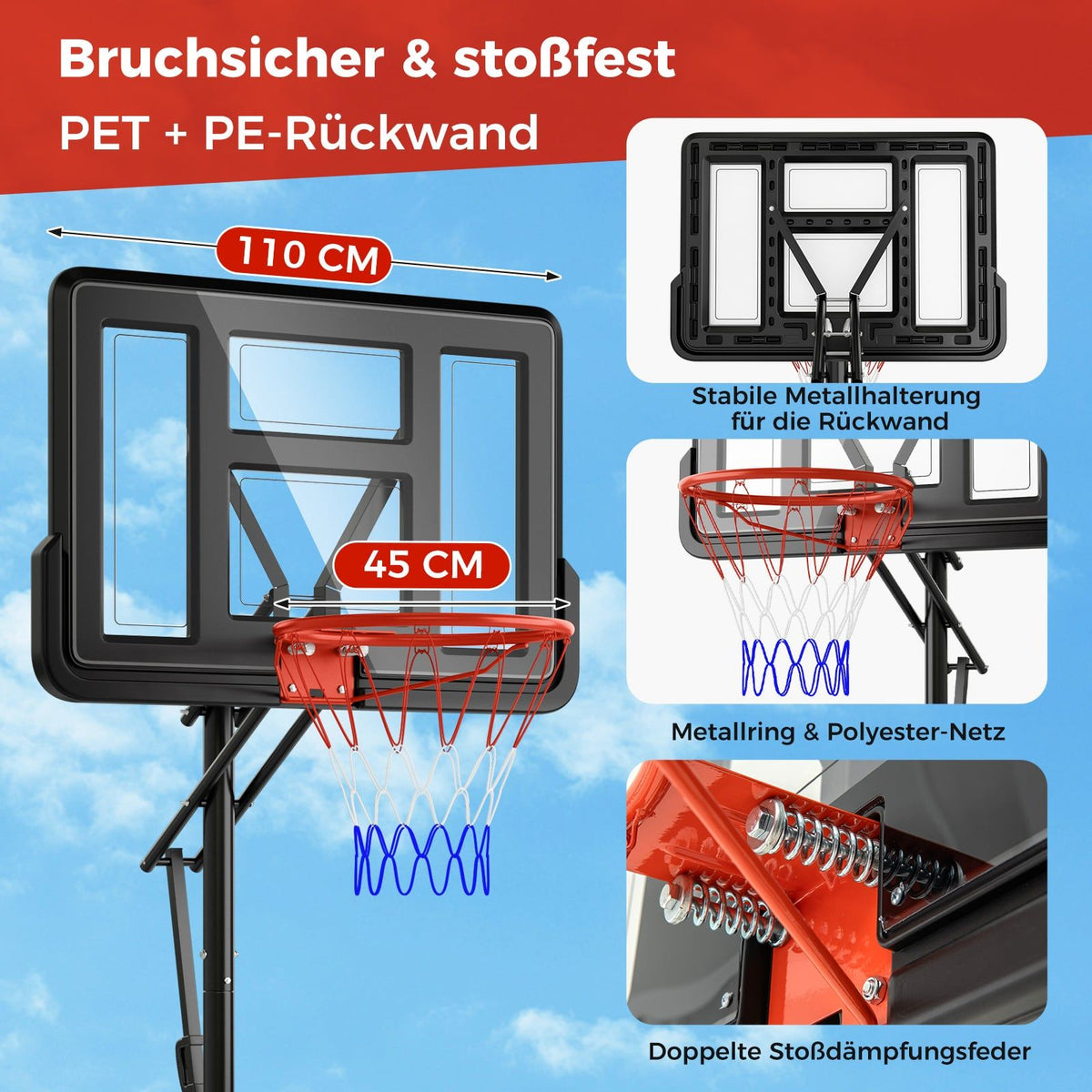 Adjustable Outdoor Basketball Hoop with Wheels & Weight Bag