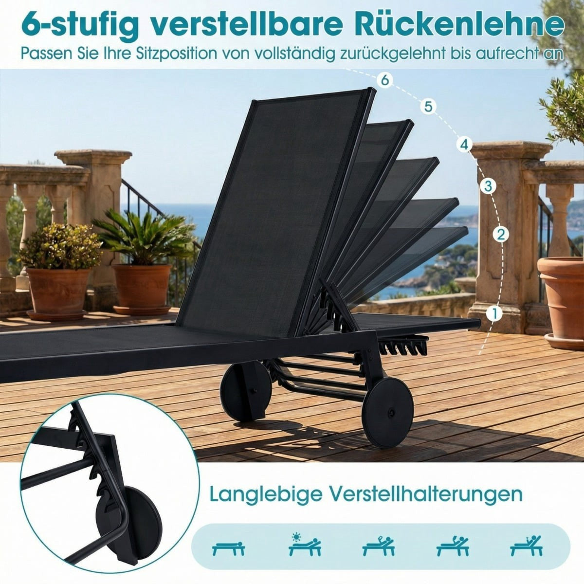 Adjustable Outdoor Sun Lounger Set with Wheels, Black
