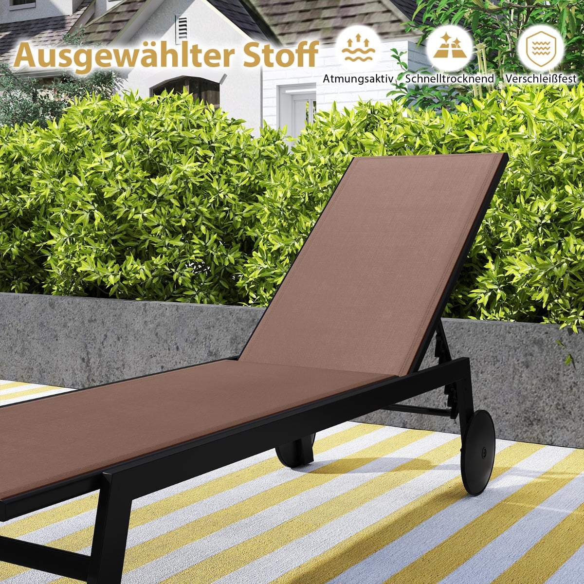 Adjustable Outdoor Sun Lounger Set with Wheels, Brown