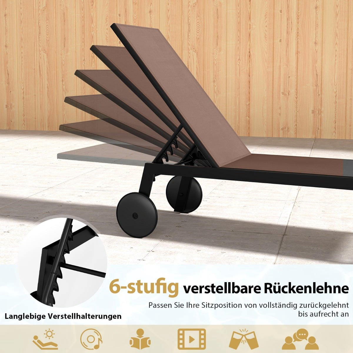 Adjustable Outdoor Sun Lounger Set with Wheels, Brown