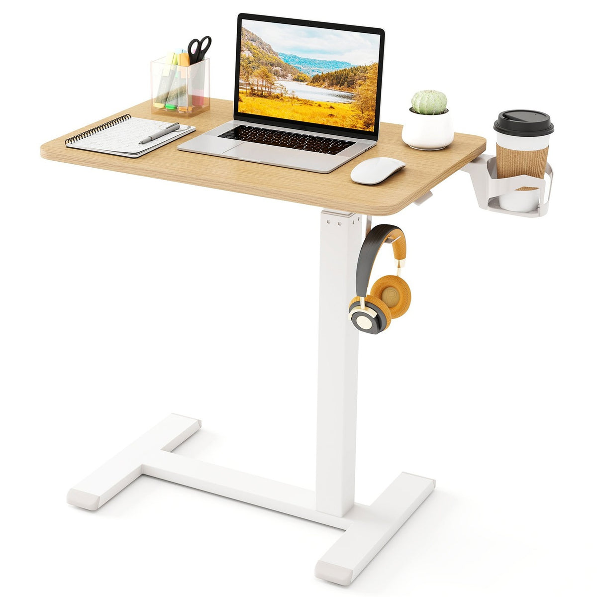 Adjustable Overbed Table with Hidden Wheels & Cup Holder