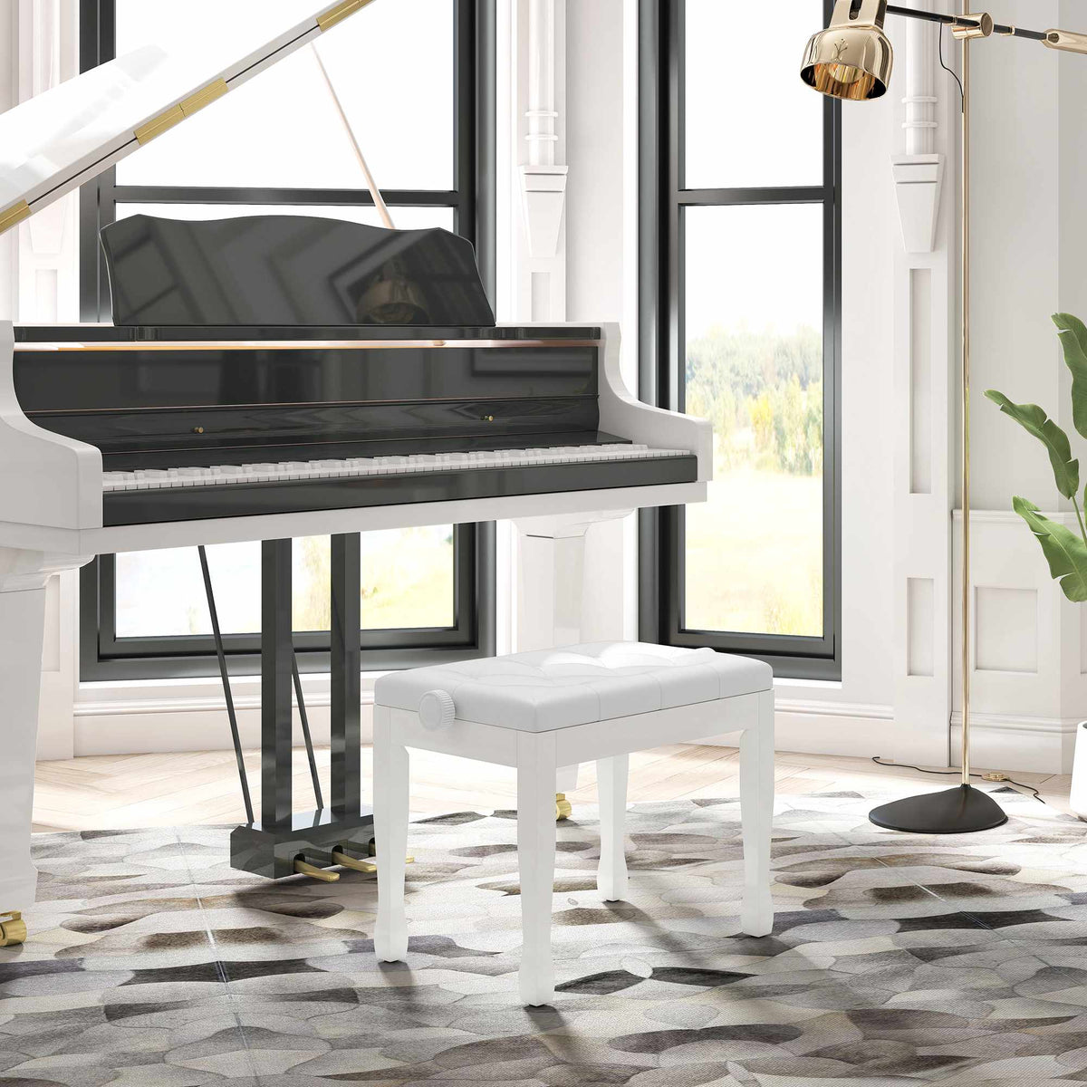 Adjustable Piano Bench with Faux Leather Cushion, White