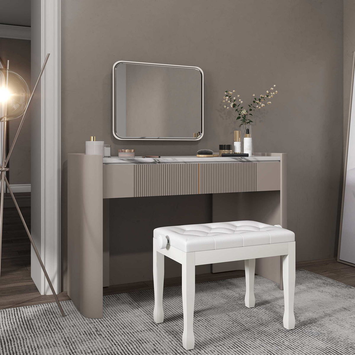Adjustable Piano Bench with Faux Leather Cushion, White