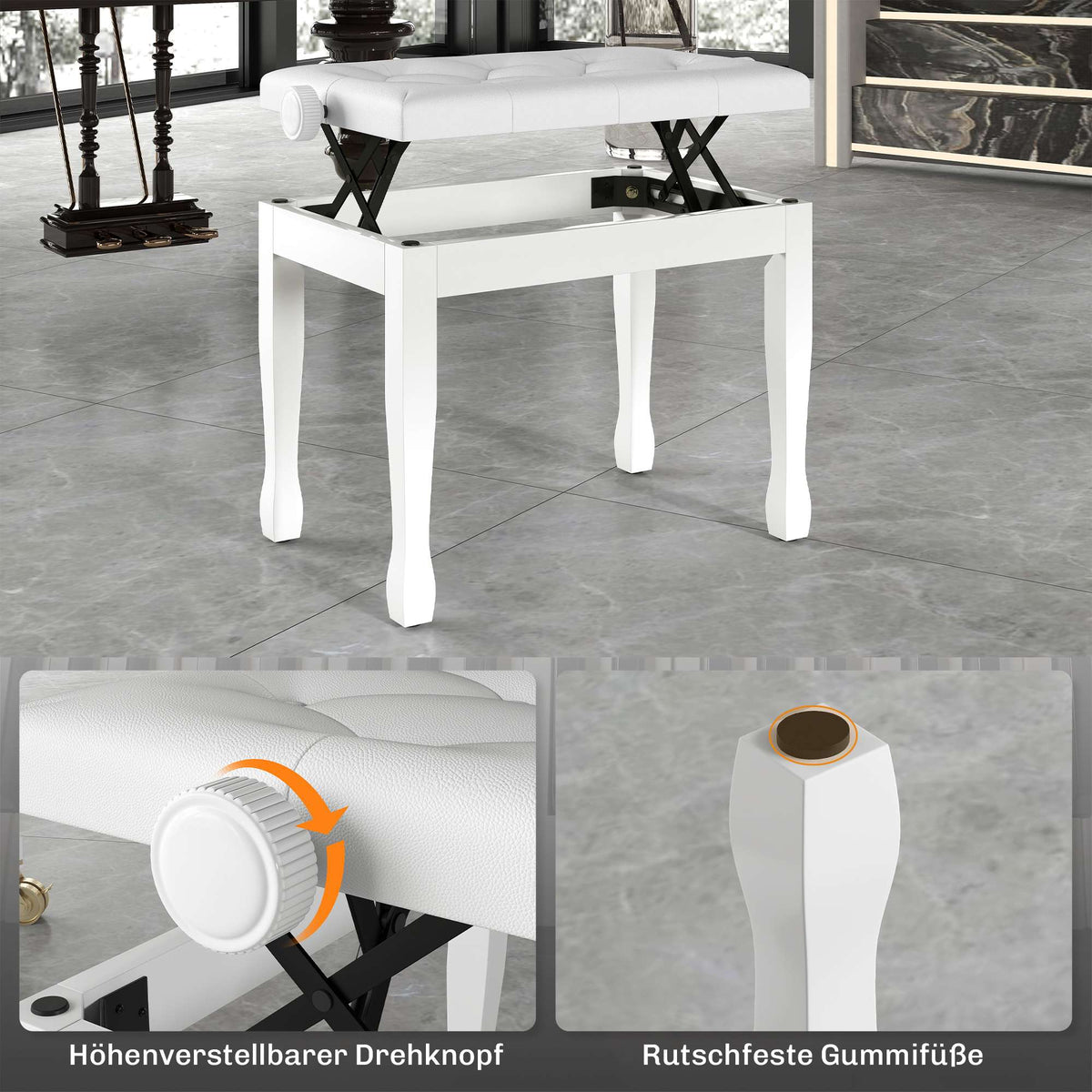 Adjustable Piano Bench with Faux Leather Cushion, White