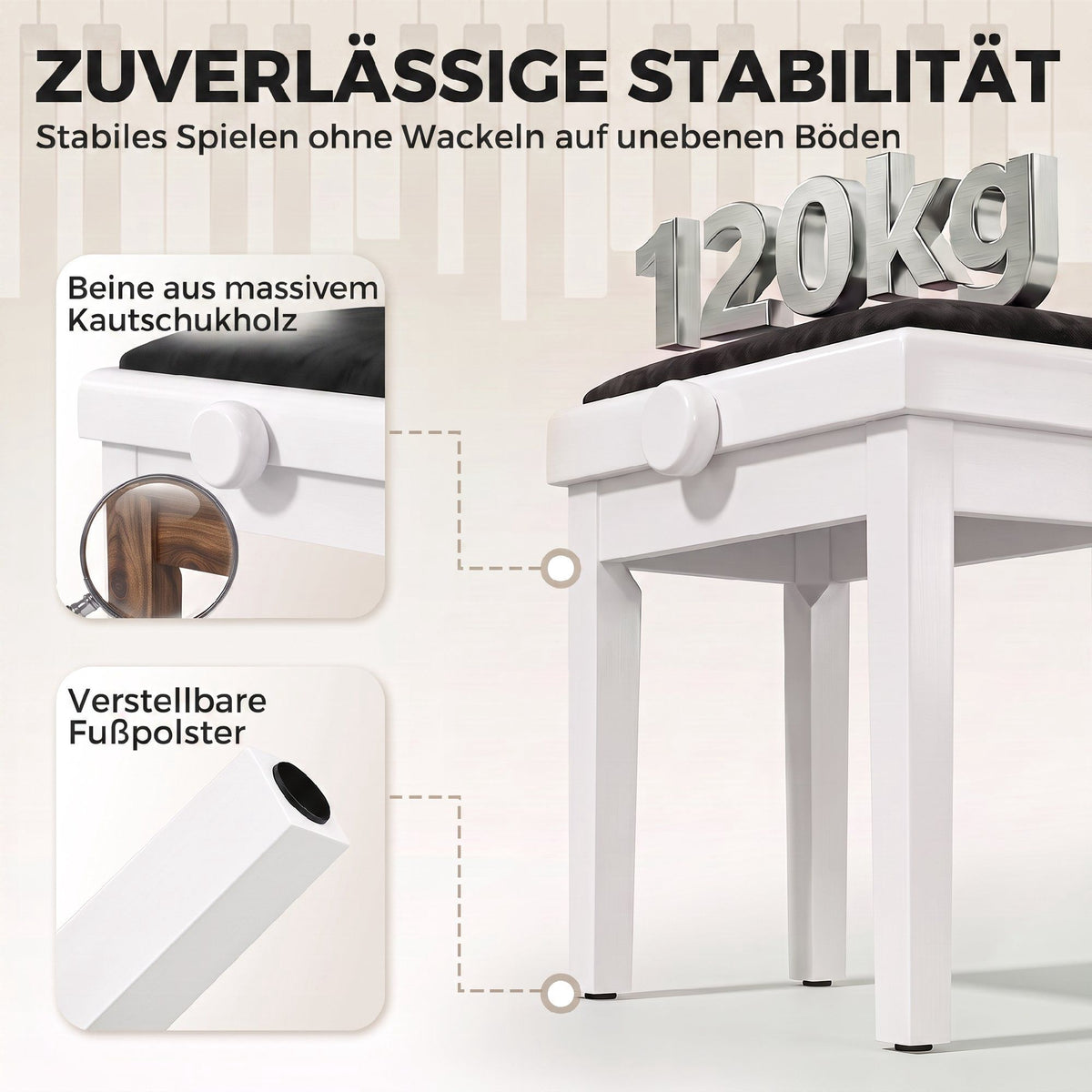 Adjustable Piano Bench with Velvet Cushion, White Rubberwood