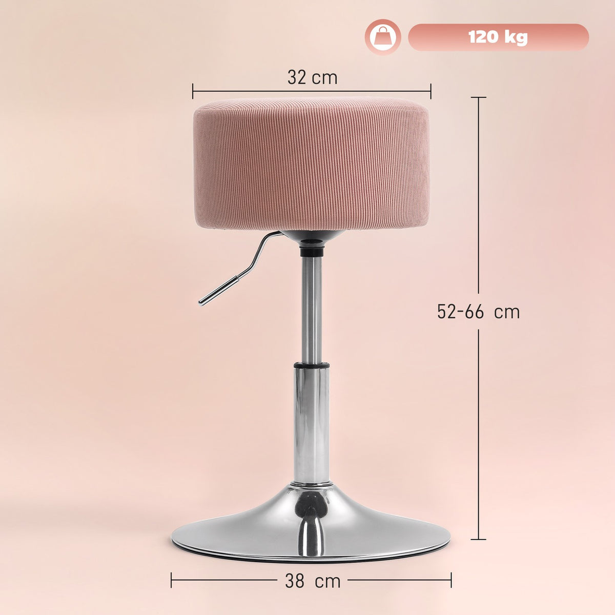 Adjustable Pink Corduroy Bar Stool, 360° Swivel, Metal Base