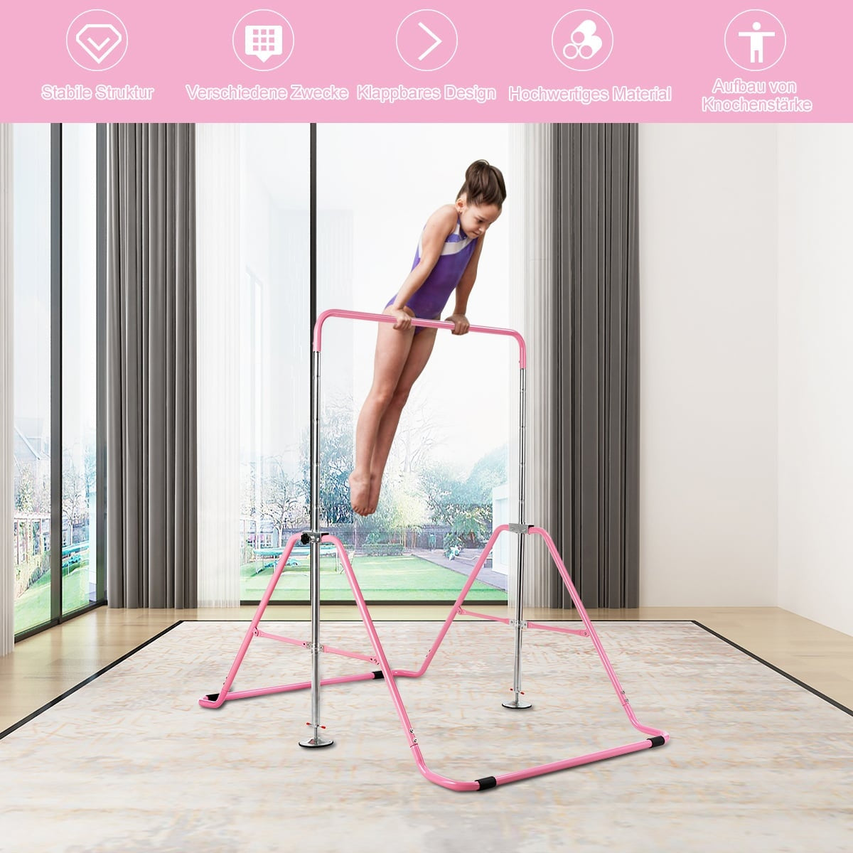 Adjustable Pink Gymnastics Bar for Kids, 90-130 cm