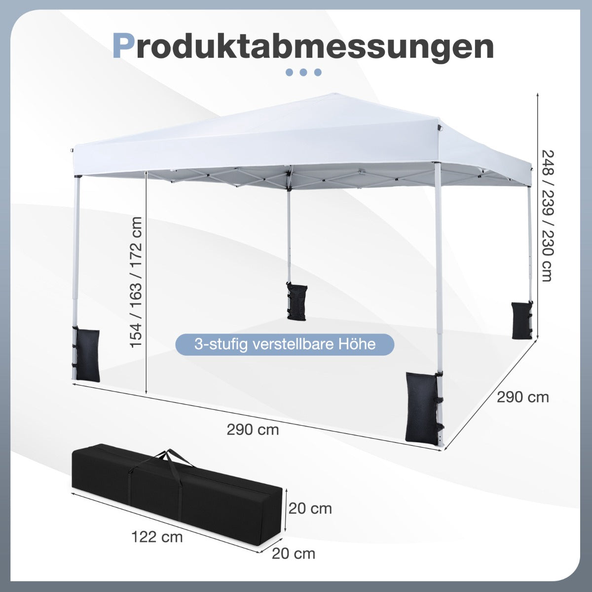 Adjustable Pop-Up Pavilion 290x290 cm, White, with Accessories