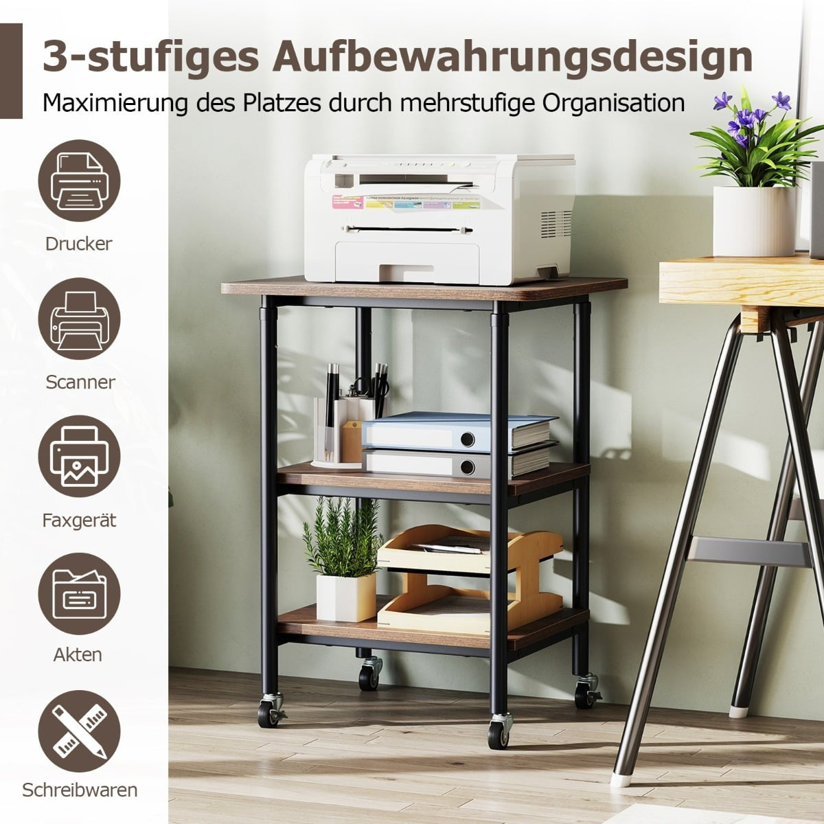 Adjustable Printer Stand with Shelves & Wheels, Brown