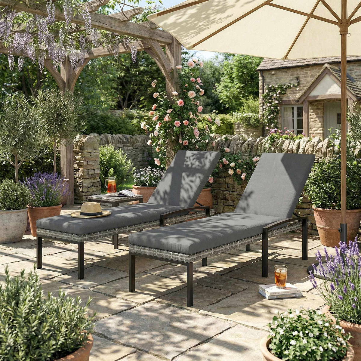 Adjustable Rattan Sun Lounger Set with Cushions, Grey